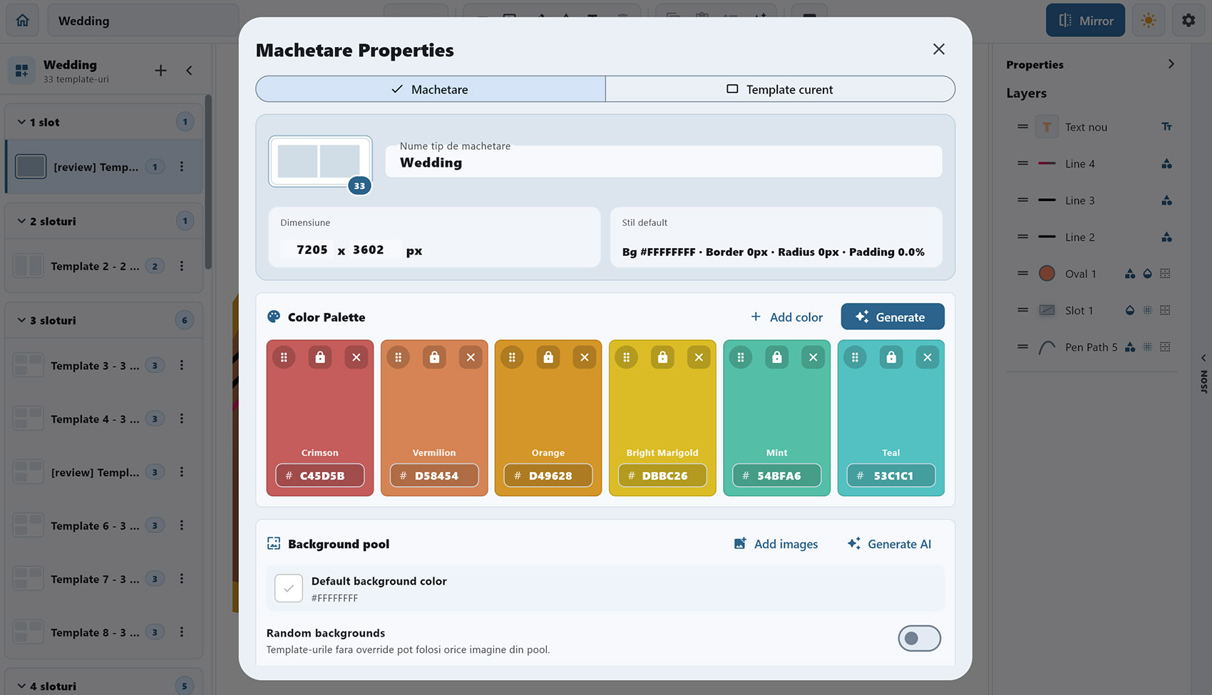 Fereastra Machetare Properties cu nume, dimensiuni, paletă de culori și background pool.